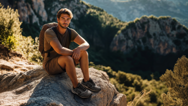 Smiling man in olive green shirt sitting on a rocky outcrop in a mountain landscape.