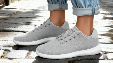 Feet in rolled-up jeans and light grey trainers with white soles on wet cobblestones.