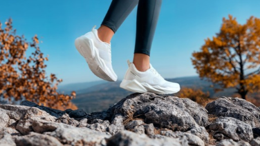 A person in black leggings walks across a rocky peak in white trainers, with autumn trees, hills and a blue sky in the background.