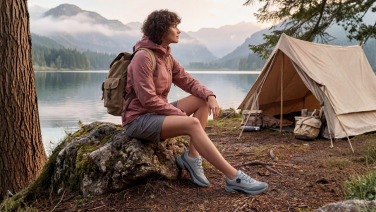 A woman with a backpack is sitting on a rock by a mountain lake in front of a tent; she is wearing gray Giesswein sneakers.