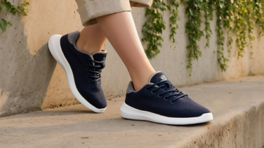 A close-up of a pair of dark blue Giesswein merino wool trainers with white soles and grey heel panels on the feet of a person sitting on a stone step.