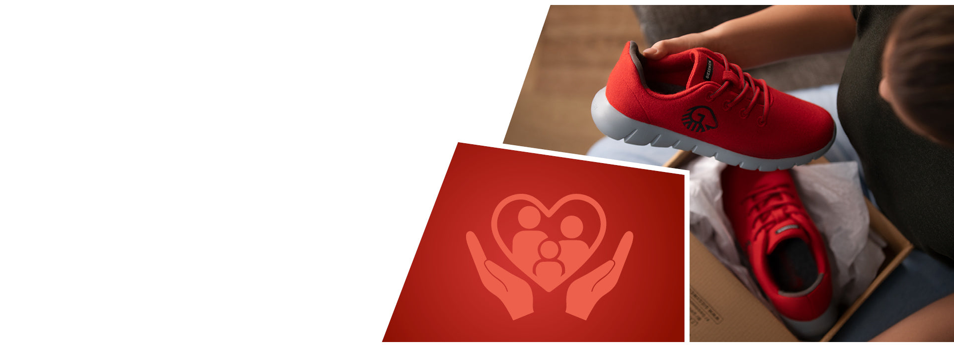 A person unboxes a pair of bright red GIESSWEIN sneakers, holding one shoe up for a closer look. The shoes have grey soles and the brand's black logo on the side. In the bottom left corner, a red graphic features two hands cradling a heart-shaped icon with three stylized figures representing a family, symbolizing care, comfort, or family support.